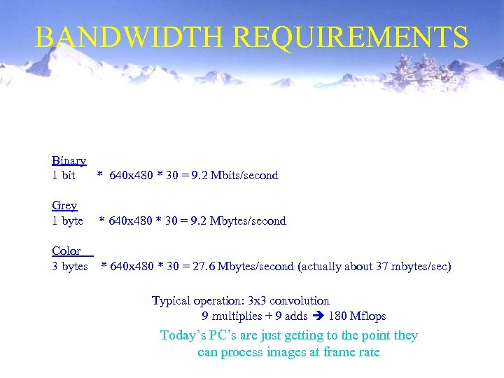 BANDWIDTH REQUIREMENTS Binary 1 bit * 640 x 480 * 30 = 9. 2