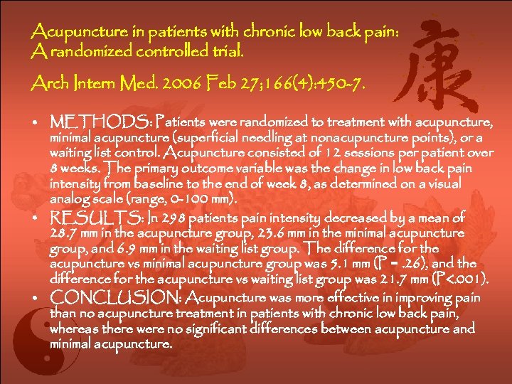 Acupuncture in patients with chronic low back pain: A randomized controlled trial. Arch Intern