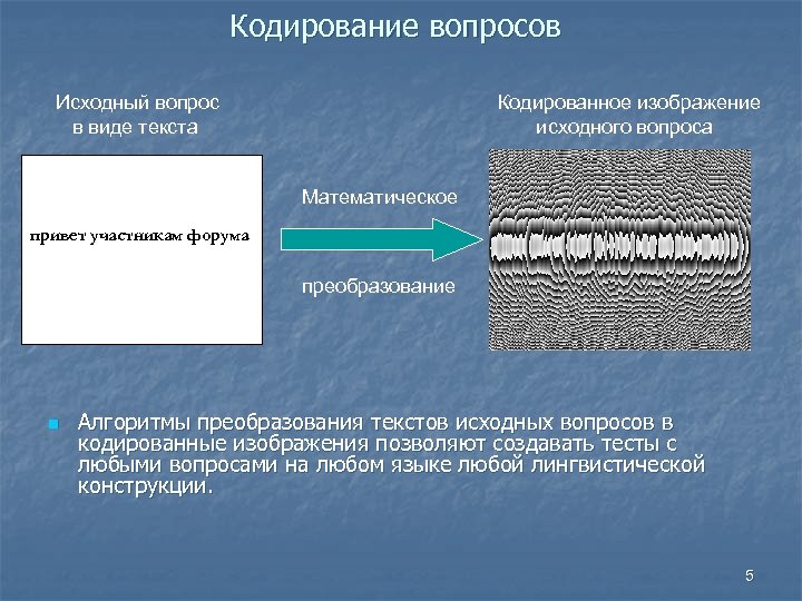 Кодирование вопросов Исходный вопрос в виде текста Кодированное изображение исходного вопроса Математическое привет участникам