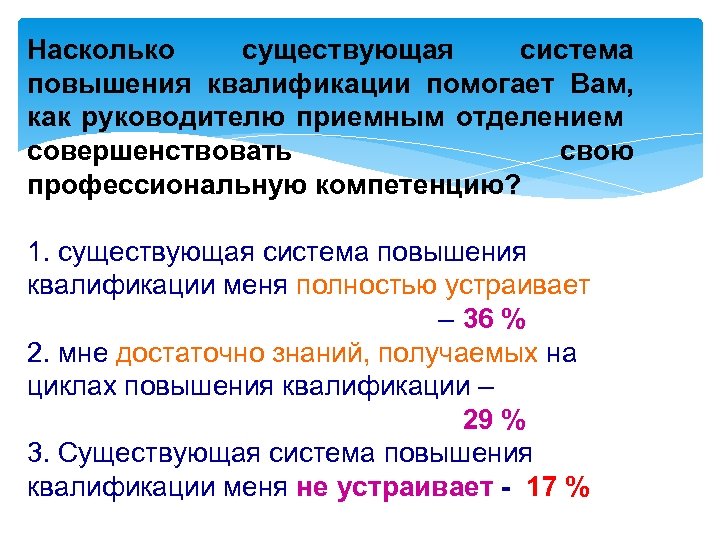 Насколько существующая система повышения квалификации помогает Вам, как руководителю приемным отделением совершенствовать свою профессиональную