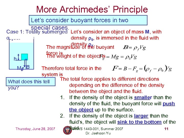 More Archimedes’ Principle Let’s consider buoyant forces in two special cases. Case 1: Totally