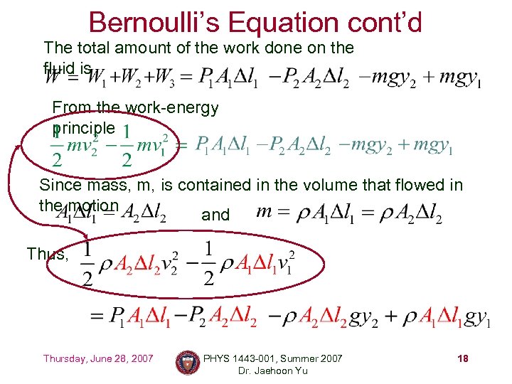 Bernoulli’s Equation cont’d The total amount of the work done on the fluid is