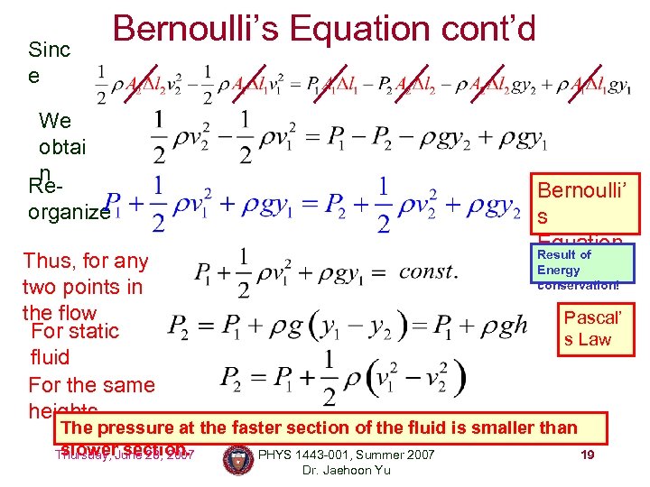 Sinc e Bernoulli’s Equation cont’d We obtai n Reorganize Bernoulli’ s Equation Result of