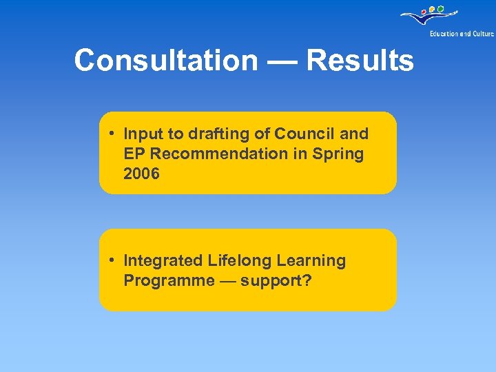 Consultation — Results • Input to drafting of Council and EP Recommendation in Spring