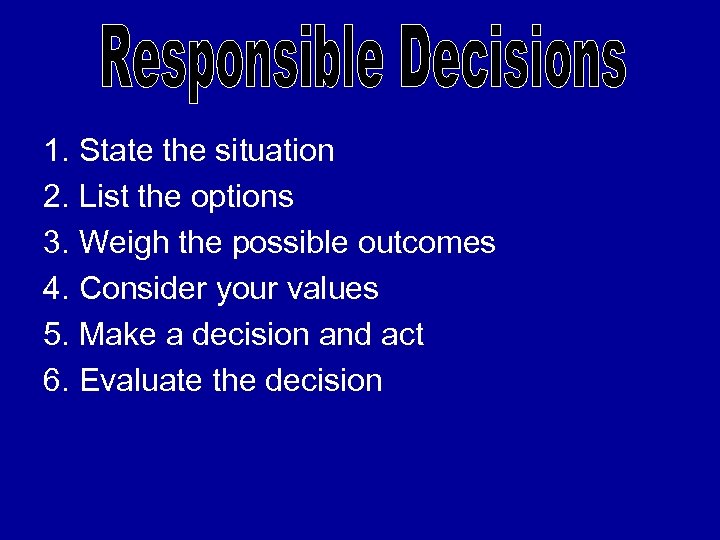 1. State the situation 2. List the options 3. Weigh the possible outcomes 4.