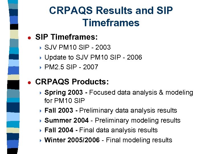 CRPAQS Results and SIP Timeframes l SIP Timeframes: 4 SJV PM 10 SIP -