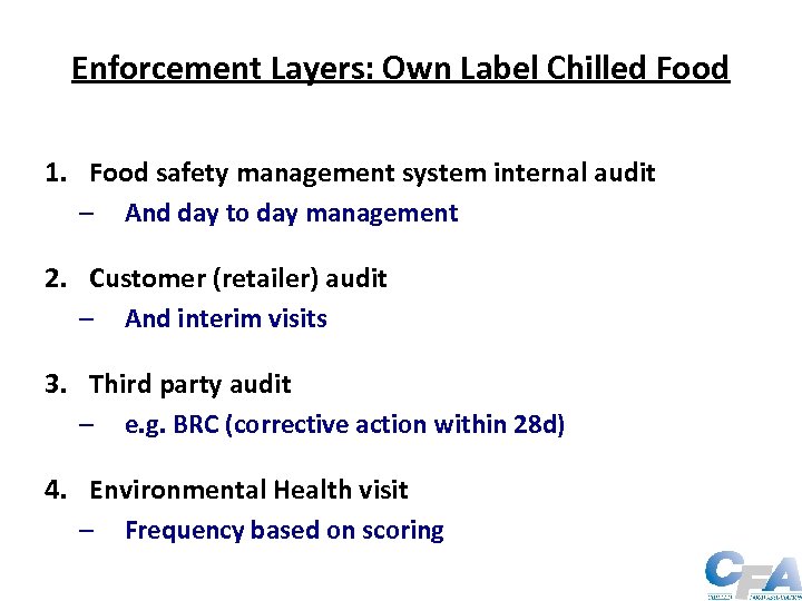 Enforcement Layers: Own Label Chilled Food 1. Food safety management system internal audit –