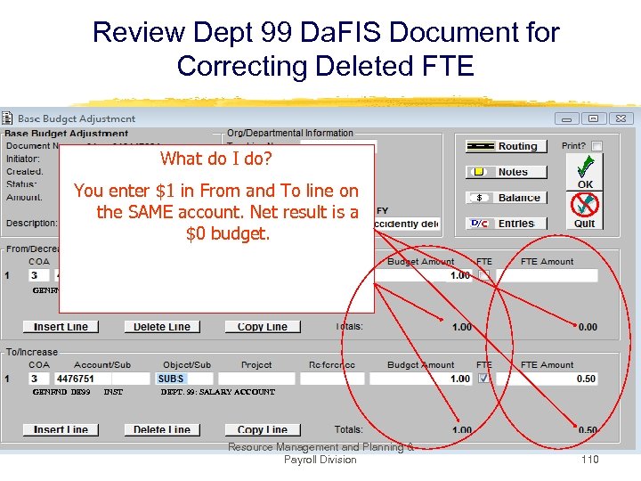 Review Dept 99 Da. FIS Document for Correcting Deleted FTE What Base Budget Note: