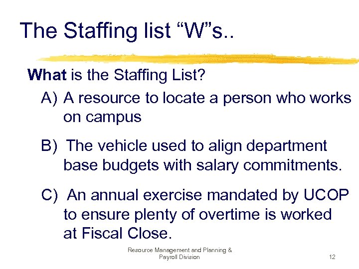 The Staffing list “W”s. . What is the Staffing List? A) A resource to