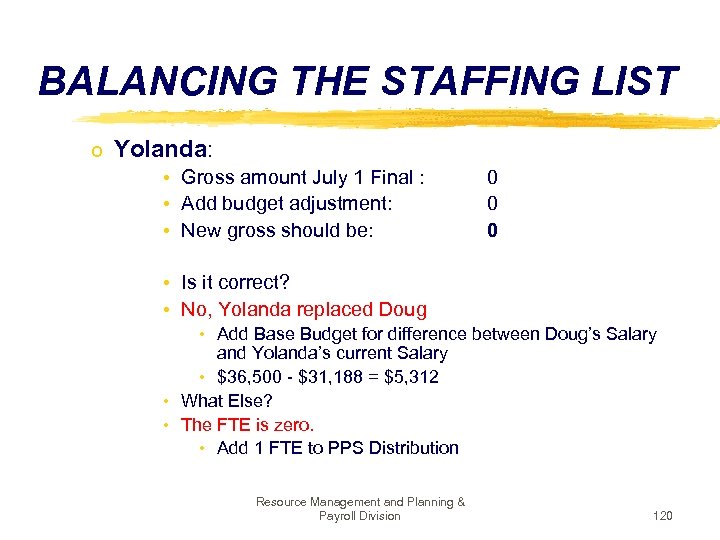 BALANCING THE STAFFING LIST o Yolanda: • Gross amount July 1 Final : 0