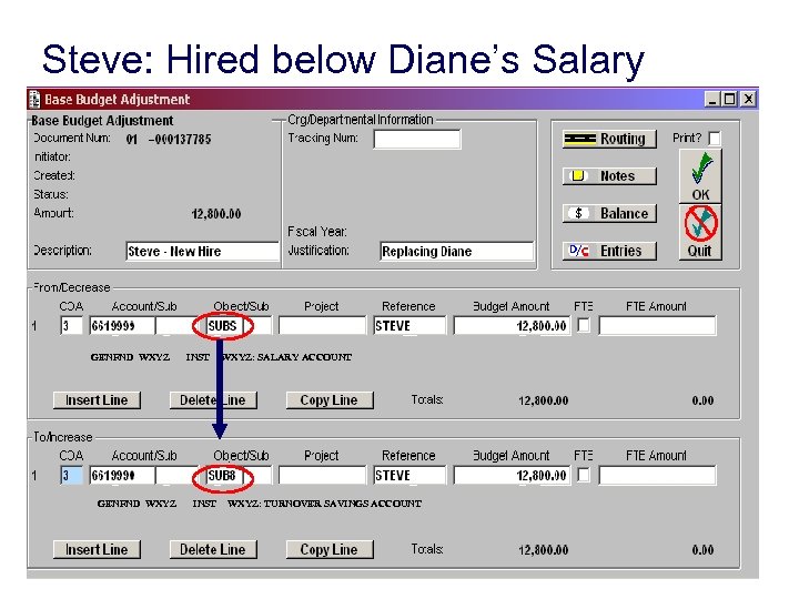 Steve: Hired below Diane’s Salary GENFND WXYZ INST WXYZ: SALARY ACCOUNT WXYZ: TURNOVER SAVINGS