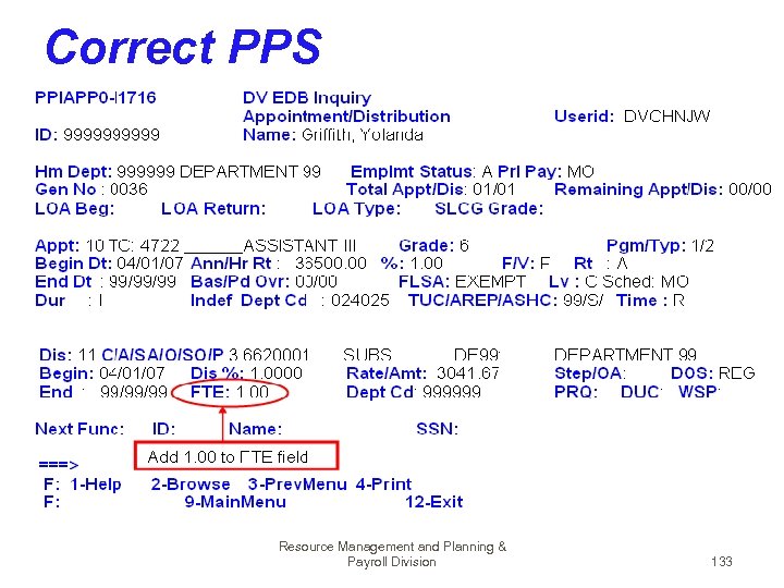 Correct PPS Resource Management and Planning & Payroll Division 133 