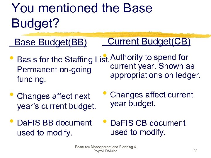 You mentioned the Base Budget? Base Budget(BB) Current Budget(CB) • Authority to spend for