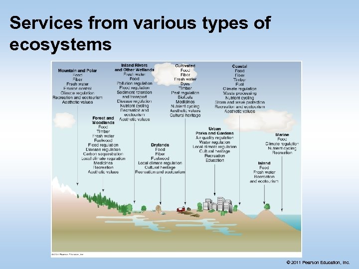 Services from various types of ecosystems © 2011 Pearson Education, Inc. 