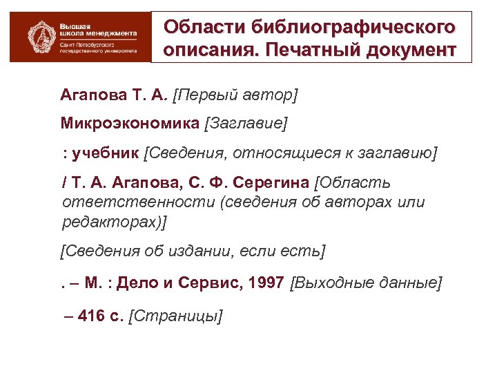 Области библиографического описания. Печатный документ Агапова Т. А. [Первый автор] Микроэкономика [Заглавие] : учебник