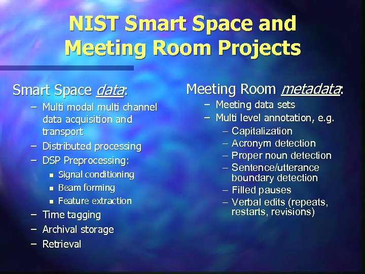 NIST Smart Space and Meeting Room Projects Smart Space data: – Multi modal multi