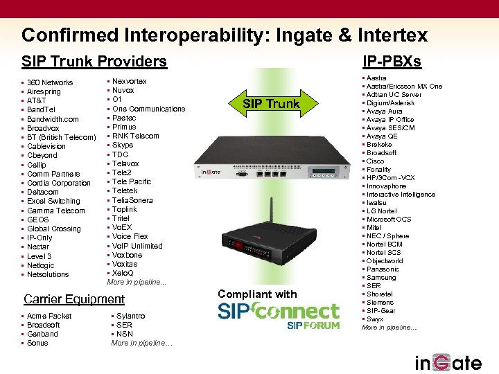 Confirmed Interoperability: Ingate & Intertex SIP Trunk Providers § 360 Networks § Airespring §