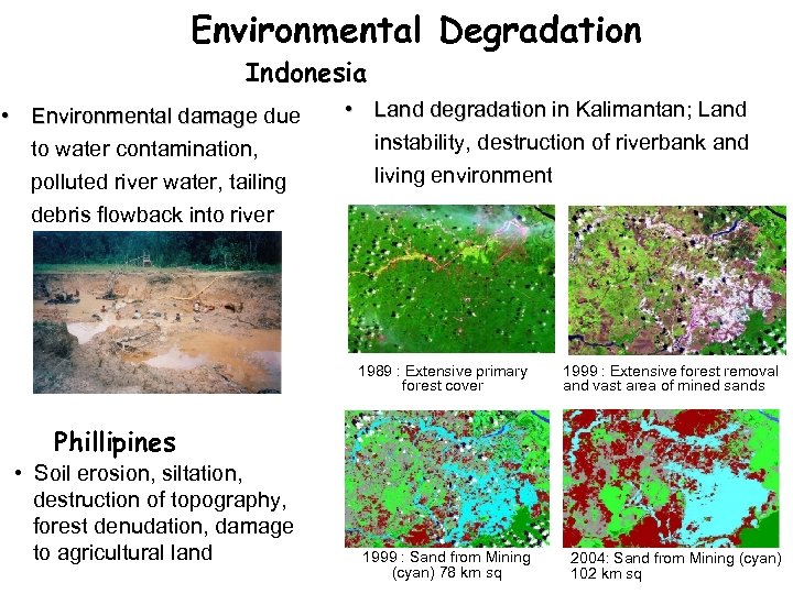 Environmental Degradation Indonesia • Environmental damage due to water contamination, polluted river water, tailing