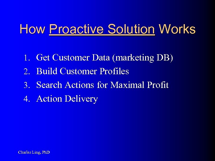 How Proactive Solution Works 1. Get Customer Data (marketing DB) 2. Build Customer Profiles