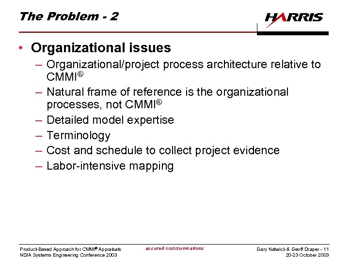 The Problem - 2 • Organizational issues – Organizational/project process architecture relative to CMMI®
