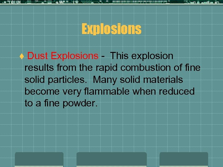 Explosions Dust Explosions - This explosion results from the rapid combustion of fine solid