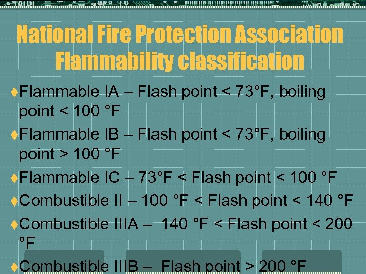 National Fire Protection Association Flammability classification t. Flammable IA – Flash point < 73°F,