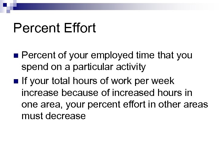 Percent Effort Percent of your employed time that you spend on a particular activity