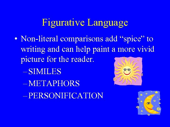 Figurative Language • Non-literal comparisons add “spice” to writing and can help paint a