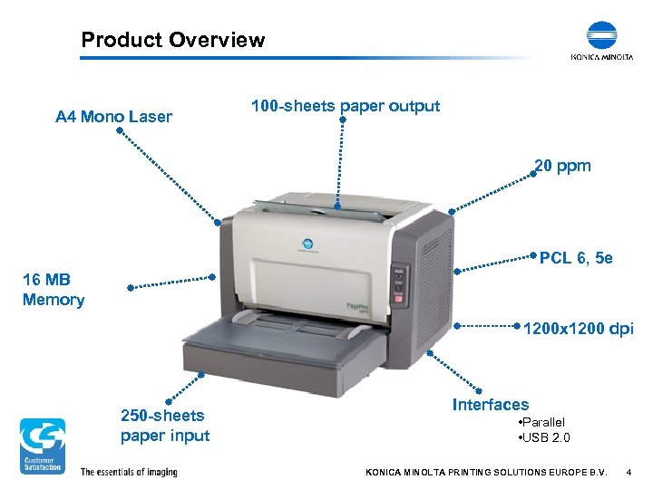 Product Overview A 4 Mono Laser 100 -sheets paper output 20 ppm PCL 6,