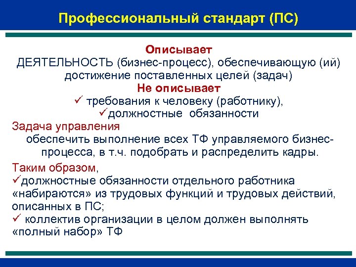 Профессиональный стандарт (ПС) Описывает ДЕЯТЕЛЬНОСТЬ (бизнес процесс), обеспечивающую (ий) достижение поставленных целей (задач) Не