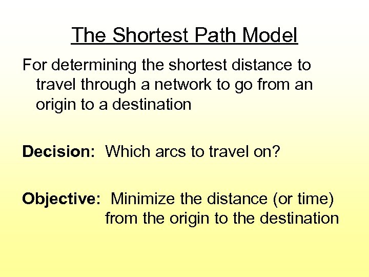 The Shortest Path Model For determining the shortest distance to travel through a network