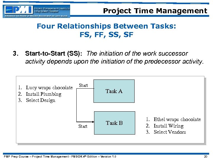 Project Time Management Four Relationships Between Tasks: FS, FF, SS, SF 3. Start-to-Start (SS):