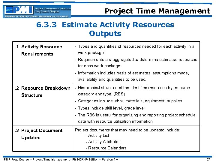 Project Time Management 6. 3. 3 Estimate Activity Resources Outputs. 1 Activity Resource Requirements