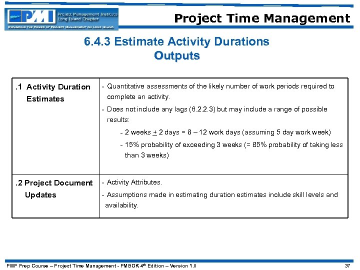 Project Time Management 6. 4. 3 Estimate Activity Durations Outputs. 1 Activity Duration Estimates