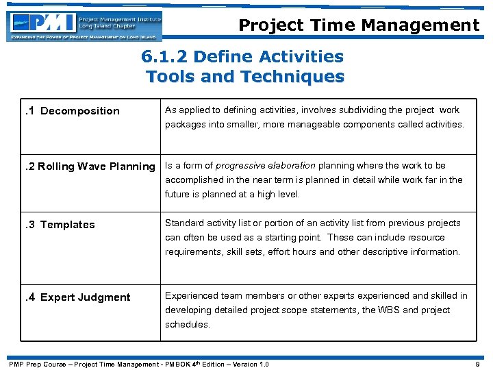 Project Time Management 6. 1. 2 Define Activities Tools and Techniques. 1 Decomposition As