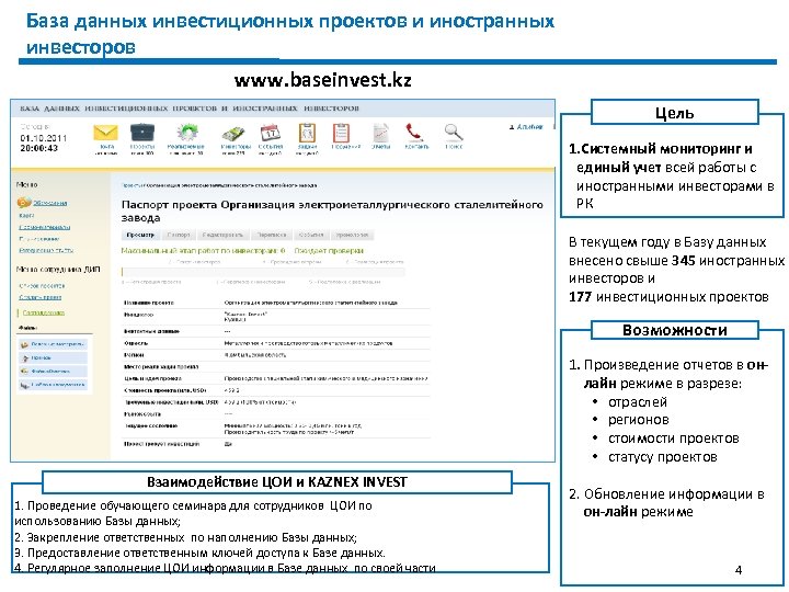 База данных инвестиционных проектов и иностранных инвесторов www. baseinvest. kz Цель 1. Системный мониторинг