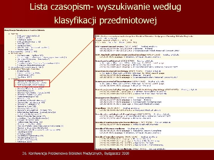Lista czasopism- wyszukiwanie według klasyfikacji przedmiotowej 26. Konferencja Problemowa Bibliotek Medycznych, Bydgoszcz 2008 