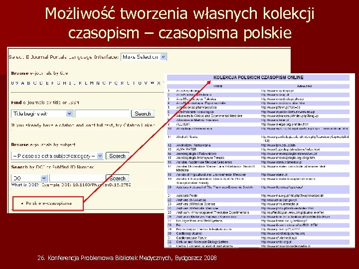 Możliwość tworzenia własnych kolekcji czasopism – czasopisma polskie 26. Konferencja Problemowa Bibliotek Medycznych, Bydgoszcz
