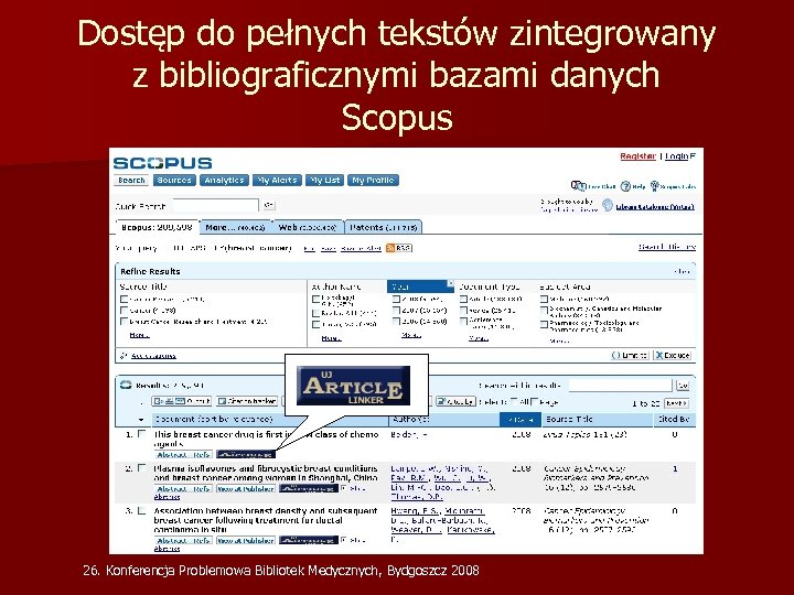 Dostęp do pełnych tekstów zintegrowany z bibliograficznymi bazami danych Scopus 26. Konferencja Problemowa Bibliotek