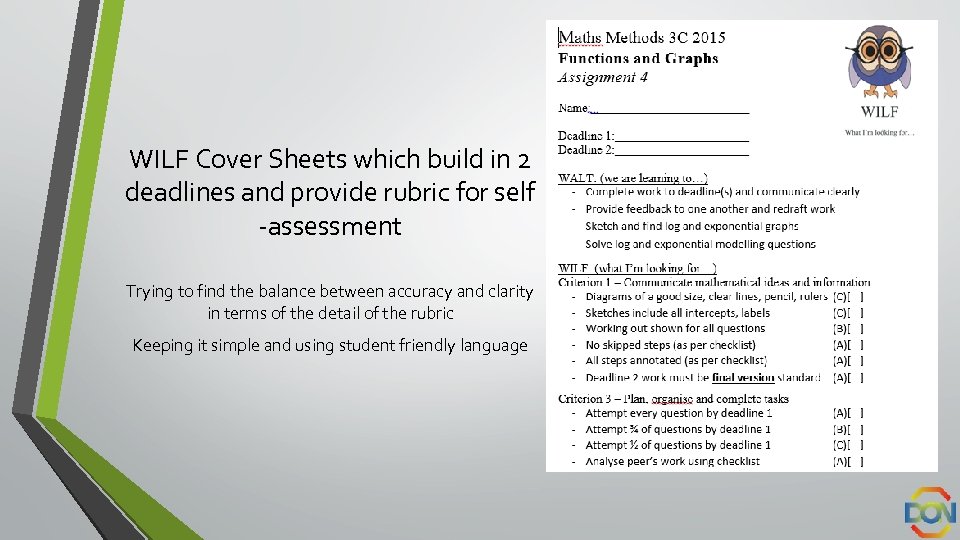 WILF Cover Sheets which build in 2 deadlines and provide rubric for self -assessment