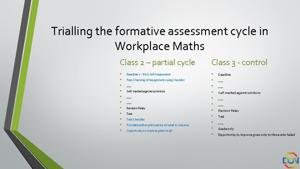 Trialling the formative assessment cycle in Workplace Maths Class 2 – partial cycle Class