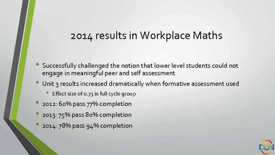 2014 results in Workplace Maths • Successfully challenged the notion that lower level students