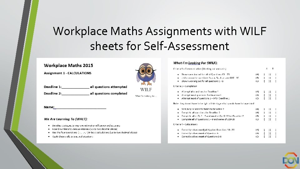 Workplace Maths Assignments with WILF sheets for Self-Assessment 