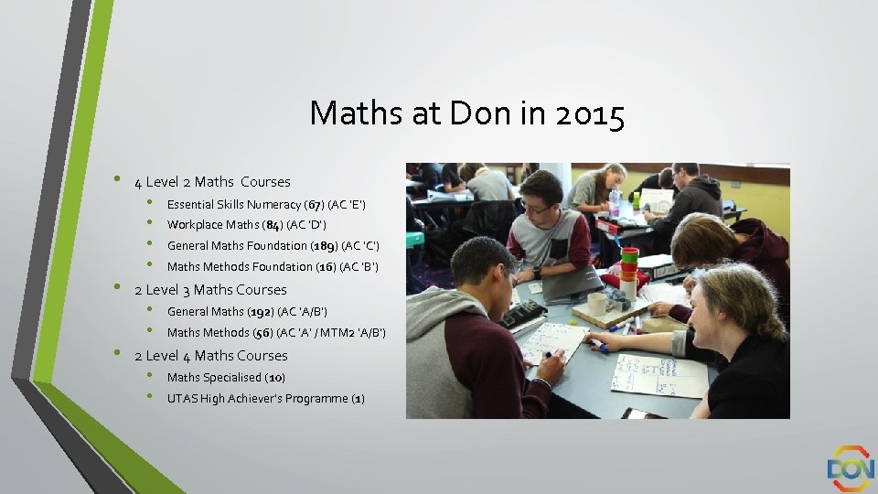 Maths at Don in 2015 • • • 4 Level 2 Maths Courses •