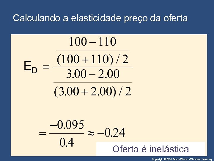 Calculando a elasticidade preço da oferta Oferta é inelástica Copyright © 2004 South-Western/Thomson Learning