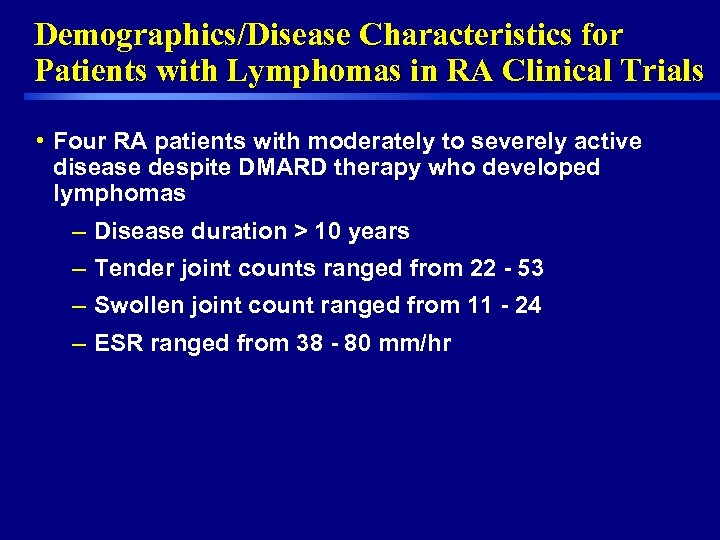 Demographics/Disease Characteristics for Patients with Lymphomas in RA Clinical Trials • Four RA patients