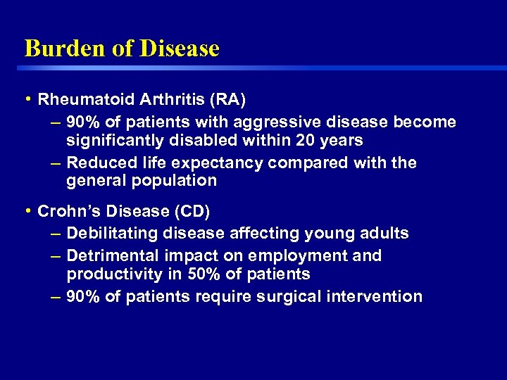 Burden of Disease • Rheumatoid Arthritis (RA) – 90% of patients with aggressive disease