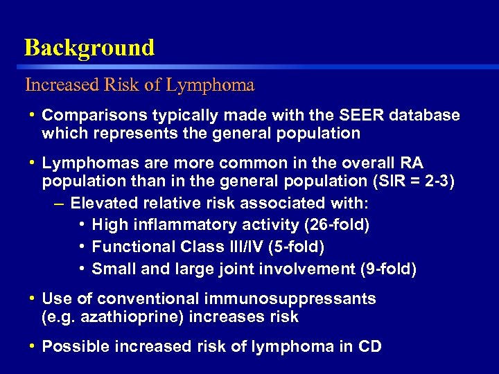 Background Increased Risk of Lymphoma • Comparisons typically made with the SEER database which