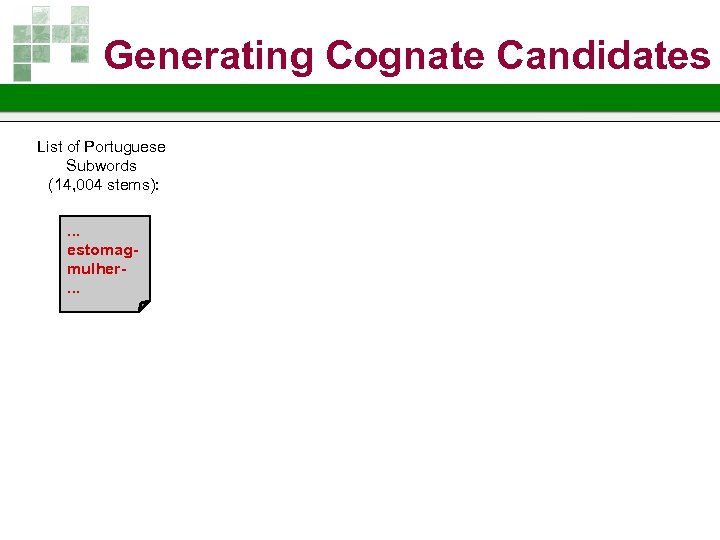 Generating Cognate Candidates List of Portuguese Subwords (14, 004 stems): . . . estomagmulher.