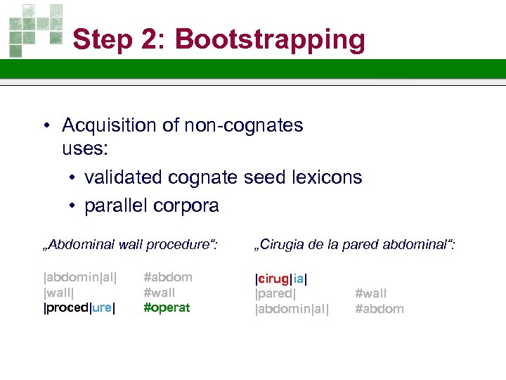 Step 2: Bootstrapping • Acquisition of non-cognates uses: • validated cognate seed lexicons •